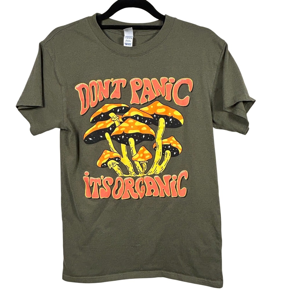 Brisco Brands Don't Panic Its Organic Mushroom Graphic Tee Olive Green Size S